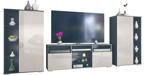 Vladon Wohnwand Davos, Anbauwand bestehend aus 2 Vitrinen und 1 TV-Board, Anthrazit matt/Sandgrau Hochglanz (329 x 134 x 35 cm)