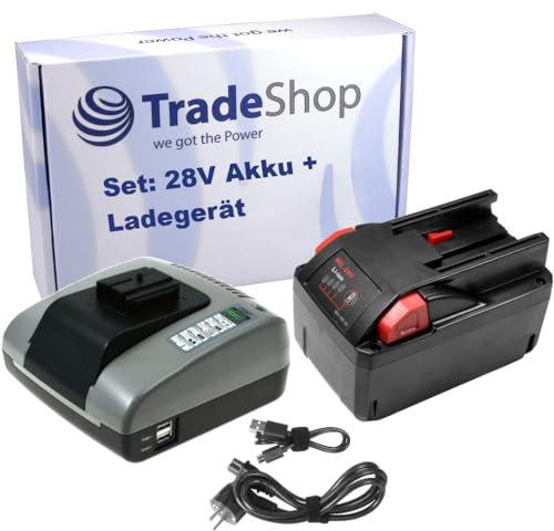 Trade-Shop 2in1 Set: Li-Ion Akku 28V 3Ah + Ladegerät mit USB kompatibel mit AEG Milwaukee V28H/0 V28G V28C V28B V28BS V28BS/0 0719-22 V28 0721-21 28V