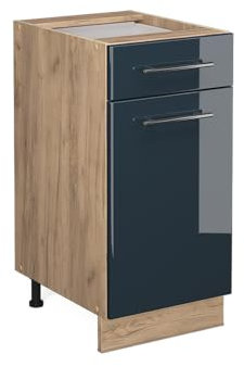Vicco Küchenunterschrank Fame-Line, Dunkelblau Hochglanz/Goldkraft Eiche, 40 cm ohne Arbeitsplatte