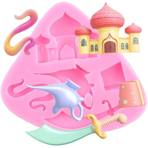 XMOLDNMS Aladdin Mythos Themed Silicone Moulds Aladdin Lamp Castle Teapot Sword Fondant Mould for Cake Decoration Cupcake Topper Sugar Craft Chocolate Candy Polymer Clay Gum Paste