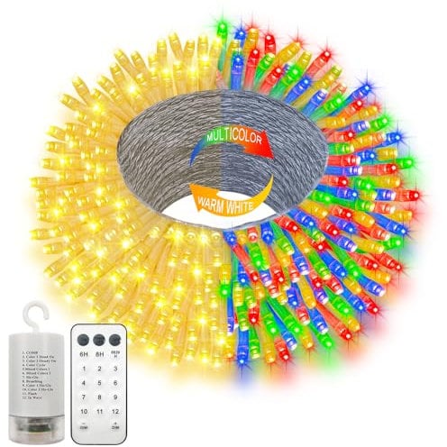 20M Color Changing String Lights with Remote,Battery Operated 200 LED Fairy Lights Timer Waterproof Christmas Lights for Outdoor Garden Party Christmas Trees Bedroom (Warm White & Multicolour)