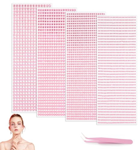 3090 Stück Glitzersteine Selbstklebend, Runde Glitzersteine Gesicht Pink, 3/4/5/6mm Strasssteine Selbstklebend, Glitzersteine zum Basteln mit Pinzette für Gesicht, Nägel