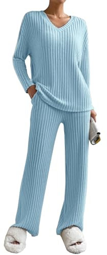Yutdeng Conjunto Punto Mujer Invierno Conjuntos de 2 Piezas Jersey Cuello V Pantalon Recto Traje de Punto Dos Piezas Mujer Traje de Casa Pijamas Manga Larga Acanalado Conjunto Deportivo Mujer Casual