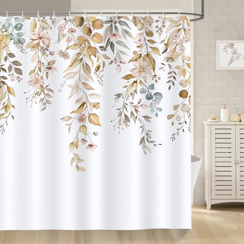 Bonhause Tenda Doccia Foglia di Eucalipto Marrone Autunno Acquerello Pianta Foglie Floreale Tende per Doccia in Poliestere Impermeabile Antimuffa Lavabile Tende Bagno 180 x 180 cm con 12 Ganci