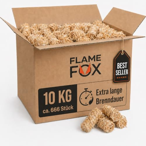 Flame Fox Anzündwolle XXL 10kg aus Öko-Holzwolle & Wachs I Kaminanzünder & Grillanzünder für Kamin, Ofen & Feuerschale I Natürlich, zuverlässig, Lange Brenndauer - 3kg, 5kg oder 10kg Karton