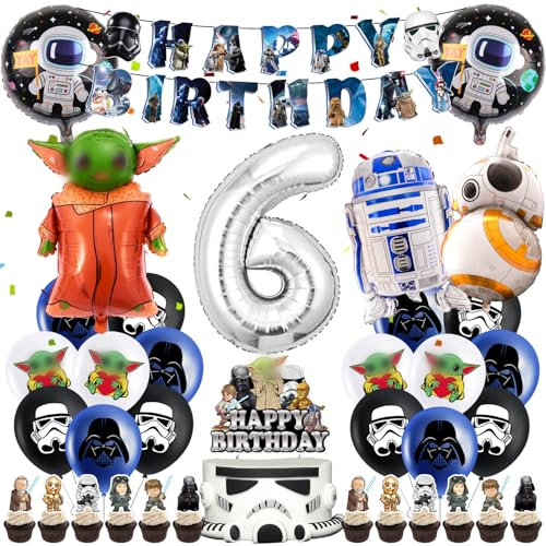 Luftballons Star Krieg Geburtstag Deko 6 Jahre Jungen- Sterne Wars Geburtstagsdeko 6 Jahr Yod Ballon Kindergeburtstag Girlande Tortendeko Roboter Folienballons Birthday Banner für Party Supplies Deko