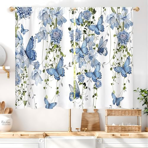 Famiffty Küchen-Vorhänge mit Blumenmuster, Schmetterling, Stangentasche, Blaue Blume, Frühling, Sommer, Blätter, klein, kurz, Café-Vorhang, Mädchen, Wildblumenranken, Lavendel,