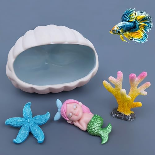 SpringSmart 4-teiliges Aquarium Deko-Set: Weiße Keramik-Muschel-Höhle als Versteck für Kampffische, Garnelen & Schildkröten + schlafende Meerjungfrau + Harz-Koralle & Seestern – Fischbecken Ornament