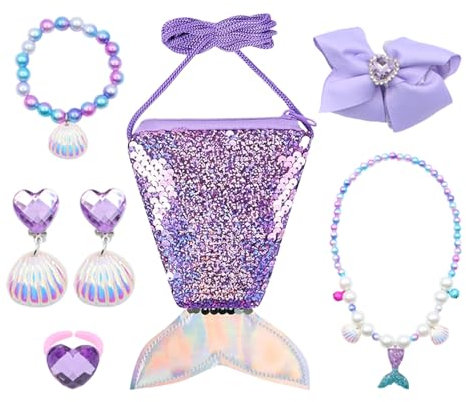 HUATEEN Meerjungfrau Spiel-geldbörse,Kleine Mädchen Schmuckset Kinderschmuck Enthalten Halskette Ringe Armbänder Ohrring Schmuck Set Einhorn für Party Dress Up Geschenk