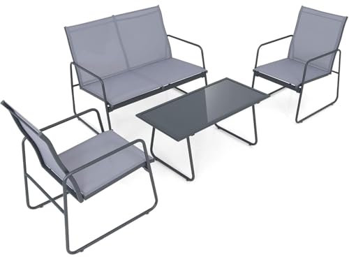 BRONX 4-Piece Patio Set – Grey Outdoor Furniture with 2 Chairs, Loveseat & Table for Porch, Balcony, or Indoor Spaces