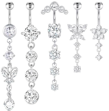 CharmBurst 5 Stück Hängendes Bauchnabelpiercing, Chirurgenstahl Bauchnabelpiercing Silber, Belly Button Ring mit Zirkonia, Wasserfestes Lang Belly Piercing Set