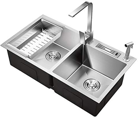 asdchZen Vessel Sink Self Rimming Single Bowl Sink, Brushed Stainless Steel, Kitchen Double Bowl Bathroom Drainboard Inset Reversible Drainer Sink