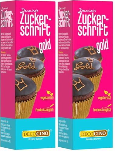 Decocino Zuckerschrift in Gold Lebensmittelfarben-Schrift praktische Tube zur Beschriftung von Fondant & Glasuren Back-Deko für Torten, Kuchen & Cup-Cakes! (Packung mit 2)