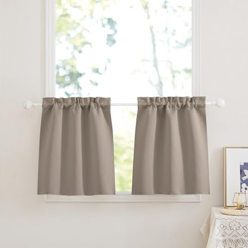 PONY DANCE Tende Cucina Porta Finestra Tende Oscuranti per Interni a Vetro per Finestra Curtains Termiche Isolanti Tendine con Tasca 2 Pezzi 60x60 CM, Sabbia