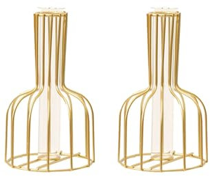 Tyatiyzn 2 Stück Geometrische Deko, Metallrahmen Blumenvase, Glas Vase mit Metallgestell, für Hydrokultur Pflanzen Kleine Dekorative Bud Vase, Innendekoration.(Gold)