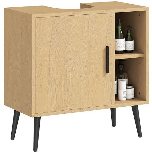 HOMCOM Mobiletto da bagno, mobiletto industriale con anta a chiusura ammortizzata e ripiano regolabile, 60 x 30 x 59,5 cm, rovere