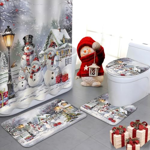 APROPHIC 4 Stück Weihnachten Duschvorhang Set Mit Weihnachten Schneemann Kunst, Vintage Winter Duschvorhang with12 Haken, Toilettendeckel, U-förmige Teppich, Badematte und Teppiche, Waschbar