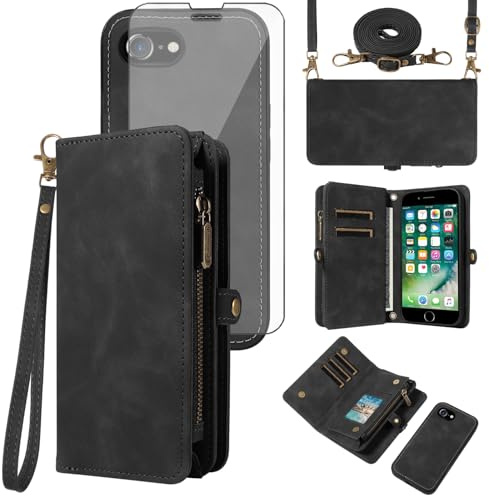 Asuwish Phone Case for iPhone 7/8/SE 2020/2022 Zipper Wallet Cell Cover with Screen Protector Strap Flip Card Holder iPhone7 iPhone8 7s 8s i SE2020 SE2022 2/2nd/3/3rd Generation SE2 SE3 7SE 8SE Black