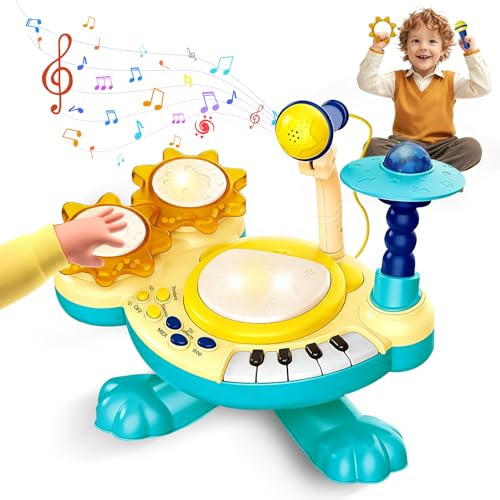 Schlagzeug Kinder ab 3 Jahre, Handklatsch Trommel Kinder mit Musik, Lichtern, Mikrofon und Klaviertasten, Früherziehung Baby Schlagzeug Musikinstrumente Spielzeug Weihnachten Geschenk (Blau)