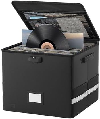 NCONCO Caja de almacenamiento de discos de vinilo, ignífuga e impermeable, con capacidad para 150 LPs, cajas de almacenamiento portátiles plegables para coleccionar álbumes valiosos
