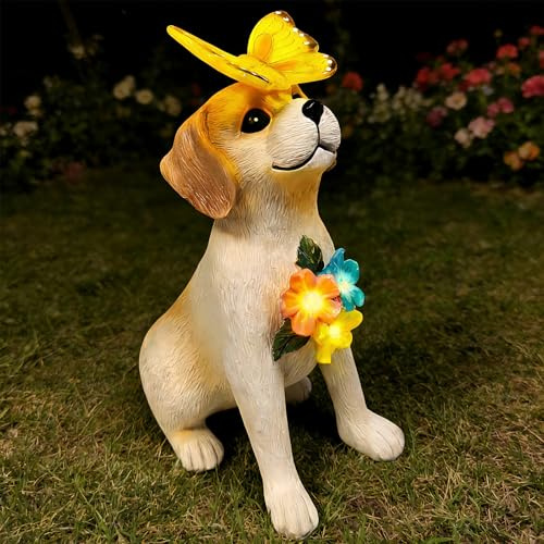 Scuyari Statues solaires de jardin en forme de chien - Accessoires de décoration avec lumières LED - Décoration pour maison, terrasse, balcon, cour, pelouse, Thanksgiving unique pour femme, papa, amis