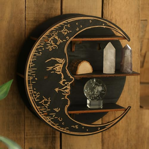 PAEFIU Holz Mond Kristall Regale, Kristall Stein Mondphasen-Regal, Schwimmende Regale Ätherisches Öl Display Rack, Halbmond Schwebende Regal, Rustikales Lagerregal für Wohnzimmer, Schlafzimmer