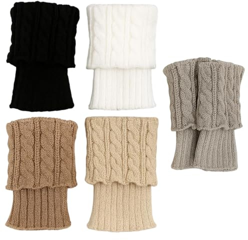 DqiUnaX 5 Paar Stulpen Damen Kurz, Winter Beinwärmer Für Frauen Und Mädchen, Weiche Stulpen Für Kälte, Bequeme Beinwärmer- Khaki, Schwarz, Beige, Grau, Weiß - Einheitsgröße