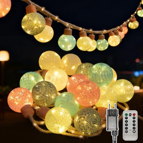 Ciskotu Lichterkette für Außen und Innen, 16 LEDs 8 Meter mit 8 Modi & Timer, Kugeln Baumwollkugeln Lichterkette mit Stecker & Fernbedienung für Kinderzimmer, Party, Garten, Mehrfarbig, Fernbedienung