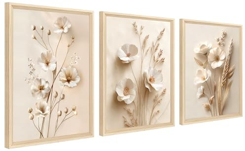 3Pcs Neutrales Beige Blumenmuster Leinwand Bilder Mit Rahmen Poster Minimalistisches Botanisches Blumenmuster Bild Wandbilder Wohnzimmer Schlafzimmer Badezimmer Wanddeko 40x60cm x3pcs (Kein Plexiglas)