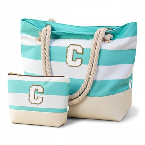 Vavabox Initial Beach Bag with Zip＆Pockets, Personalised Gifts for Women | Waterproof Foldable Large Beach Tote Bag Set for Travel Swimming Pool, Holiday Essentials