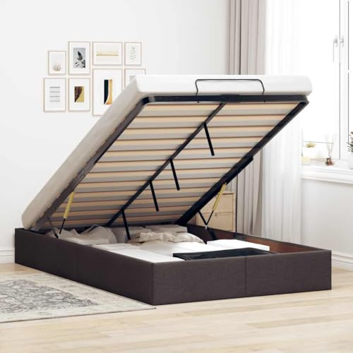 Massbinet Ottoman-Bett Polsterbett Hydraulisches Stauraumbett Jugendbett Doppelbett Bettgestell mit Holzlatten Leinenstoff ohne Matratze Dunkelbraun 120x190 cm Stoff