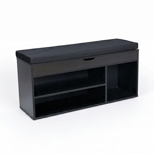 Wohnling Schuhbank mit Sitzfläche Garderoben-Bank 104x51x32 cm Stoff Schwarz, Holzbank Klein Gepolstert, Sitzbank Schmal Flur mit Stauraum, Truhenbank Schuhtruhe Flurmöbel