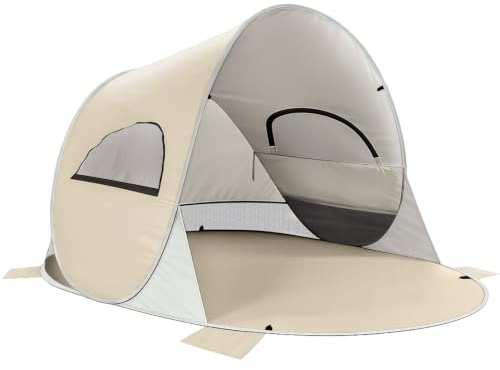 Wolfwise große Strandmuschel UV Schutz für 3-4 Personen, Strandzelt großzügig mit Sonnenschutz UPF 50+, Tragbar & faltbar, inklusive Tragetasche, 240x165x140cm, Sand Beige