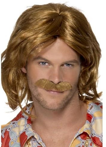 Smiffys Herren Mittellange und Gewellte Perücke mit Schnurrbart, 70er Super Trouper Perücke, Braun, One Size, 42005