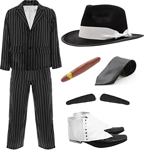 Adults Gangster Costume – Medium - Black and White Gangster Pinstripe Suit Jacket, Pinstripe Suit Trousers, Black Fedora White Band, Fake Cigar, Spiv Tash, Black Tie and Spats – 1920's Film & TV Fancy Dress Costume