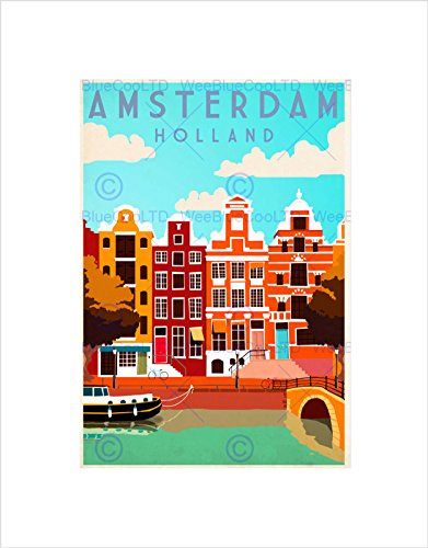 Wee Blue Coo TRAVEL AMSTERDAM HOLLAND NETHERLANDS CANAL BRIDGE BOAT HOUSE ART PRINT B12X7906