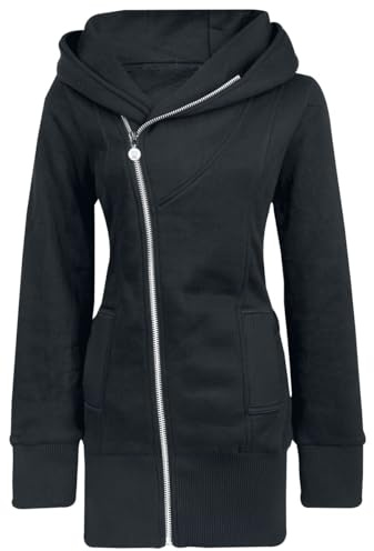 RED by EMP Damen Schwarze Lange Sweatjacke mit asymmetrischem Reißverschluss, großer Kapuze und Einschubtaschen