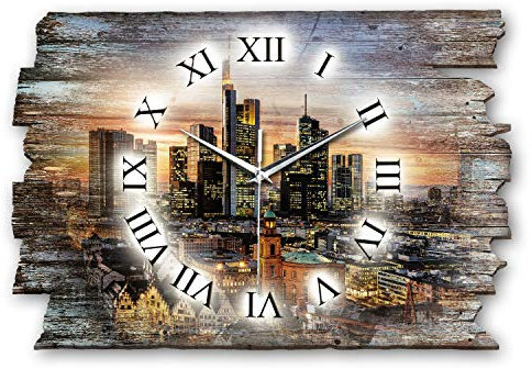 Kreative Feder Designer Wanduhr Frankfurt Skyline aus Holz Größe 40x27cm - Wanduhr im Landhaus-Stil Shabby-Style Made in Germany leise ohne Ticken (Frankfurt, leises Quarzuhrwerk)