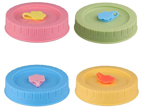 CHICTRY Set of 4 Cute Decorative Mason Jar Lids Plastic Storage Jars Caps with Straw Hole and Plug for Regular Mouth Mason Jars Canning Ball Drinking Jars Assorted Color 70mm Inner Diameter