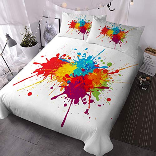BlessLiving Bright Colorful Rainbow Duvet Cover Set Double | 3 Pieces; Bedding; Bedroom; Girls; Blessliving Bright Colorful Rainbow Paint Splatter; Set; Abstract; White; Duvet; Cover
