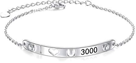 Echt 925 Sterling Silber Bar Armbänder mit Nachricht Ich Liebe Dich 3000 für Damen Mädchen Teens Eisen Fans Geschenke Familie Liebe Manschette Armband Freundschaft Mantra Schmuck (I Love You 3000)