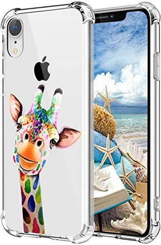MAYCARI Cute Painting Giraffe Case Clear for iPhone XR, Art Animal Design Transparent Shockproof Hard PC Back + TPU Soft Bumper with Air Cushion Protective Phone Cover Giraffe Gift