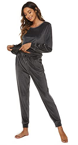 Ietaoo Damen Jogginganzug Velours Hausanzug Langarm Winter Trainingsanzug Sportanzug Samt 2 Teiler Schlafanzug Pyjama Set Sleepwear Grau XXL