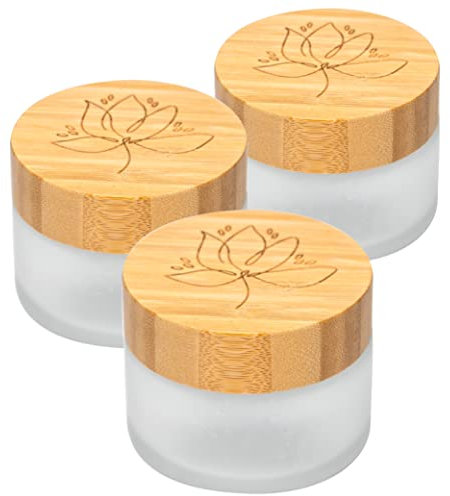 mixcover skinkitchen Hochwertige Glastiegel mit Bambusdeckel und Gravur, für selbstgemachte Kosmetik, Gewürze, Tee, Geschenkverpackung und vieles mehr, 3er Set (100g frosted)