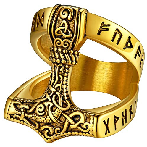 FaithHeart Punk Fingerring für Herren Männer goldener Viking Stil Mjölnir Fingerring Wikinger Stil Thors Hammer Ring mit Rune Symbol für Freund Ehemann