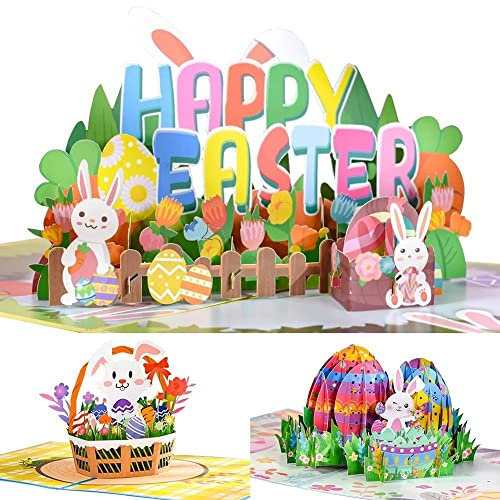 3D Pop Up Osterkarte, Frohe Ostern Karte für Kinder Kind Frauen Frau Ehemann 3D Kaninchen Grußkarten für Ostern (3PCS)