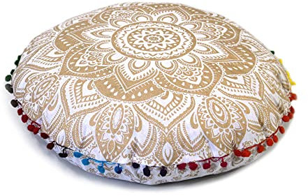 Runder Mandala-Bodenkissenbezug, Sitzkissen, Überwurf, Hippie, dekorativ, böhmischer Ottoman-Pouf, Pompom-Kissenbezüge, Boho-Indisch, 55,9 cm (Gold)