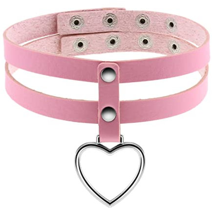 Flongo Tattoo Choker Leder Halsband Lederhalsband Damen Halskette mit Herz Nieten Anhänger Kette Pink Silber Gothic Punk Rock