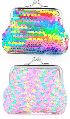 Prasacco 2 Stück Pailletten Geldbörsen, Doppelseitige Dazzle Pailletten Münzgeldbörse Glitzer Kinder Geldbörse Mini Geldbörse für Damen Kinder Geburtstag Party Weihnachten Geschenke (9 x 7 cm)