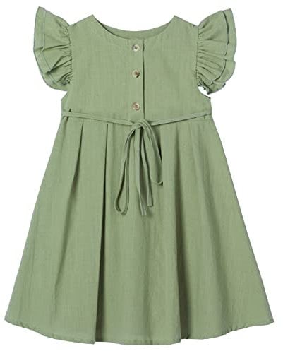 Beganly Kleines Mädchen Flatterärmel Baumwolle-Leinen Kleid Kleinkind Kinder Doppelte Rüschen Freizeitkleider Salbei Grün 100 (Sage Green)